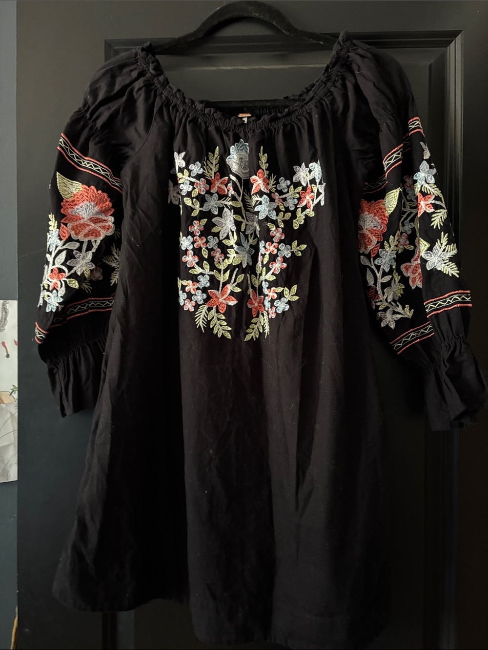 Free People Black Mini Dress with Multicolor Floral Embroidery